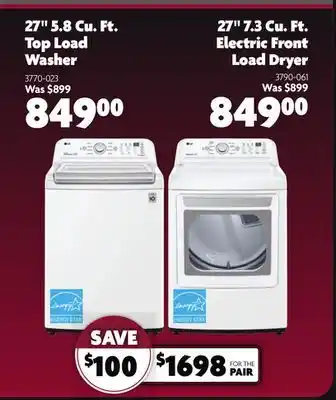 Home Hardware 27 5.8 cu. ft. top load washer and 27 7.3 cu.ft. electric front load dryer offer