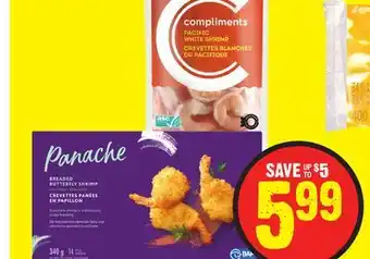 FreshCo Panache breaded coconut or butterfly, tempura or bang bang shrimp frozen 340-355 g compliments pacific white cooked peeled sh offer