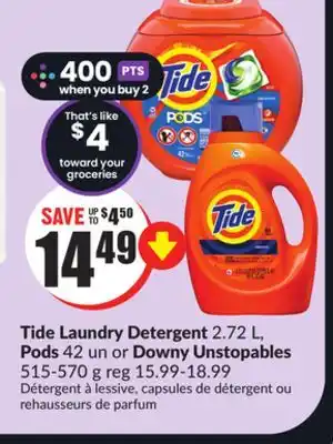 FreshCo Tide laundry detergent 2.72 l, pods 42 un or downy unstopables 515-570 g offer
