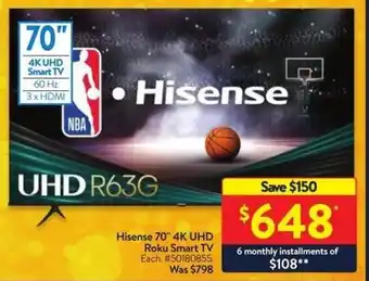 Walmart Hisense 70" 4K UHD Roku Smart TV offer