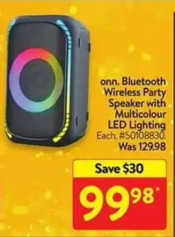 Walmart Onn Bluetooth Wireless Party Speaker with Multicolour LED Lighting offer