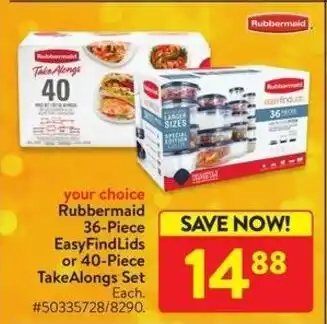 Walmart Rubbermaid 36-Piece EasyFindLids or 40-Piece TakeAlongs Set offer