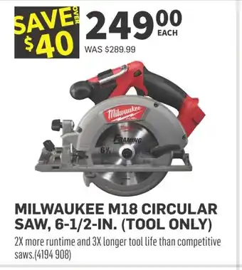 Co-op MILWAUKEE M18 CIRCULAR SAW, 6-1/2-IN. (TOOL ONLY) offer