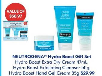Shoppers Drug Mart Neutrogena hydro boost gift set hydro boost extra dry cream 47ml, hydro boost exfoliating cleanser 141g, hydro boost hand gel offer