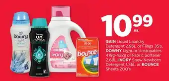 Rexall Gain liquid laundry detergent 2.95l or flings 35' s, downy light or unstopables 419g-422g or fabric softener 2.68l, ivory sno offer