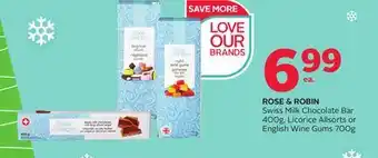 Rexall Rose & robin swiss milk chocolate bar 400g, licorice allsorts or english wine gums 700g offer