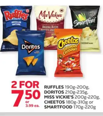 Rexall Ruffles 190g-200g, doritos 210g-235g, miss vickie's 200g-220g, cheetos 180g-310g or smartfood 170g-220g offer
