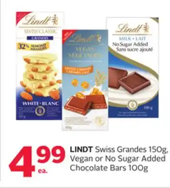 Rexall Lindt swiss grandes 150g, vegan or no sugar added chocolate bars 100g offer