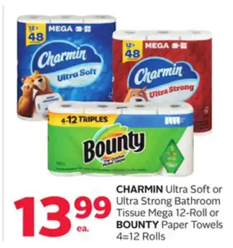 Rexall Charmin ultra soft or ultra strong bathroom tissue mega 12-roll or bounty paper towels 4 = 12 rolls offer