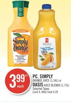 Shoppers Drug Mart Pc, simply orange juice (1.54l) or oasis juice blends (1.75l) offer