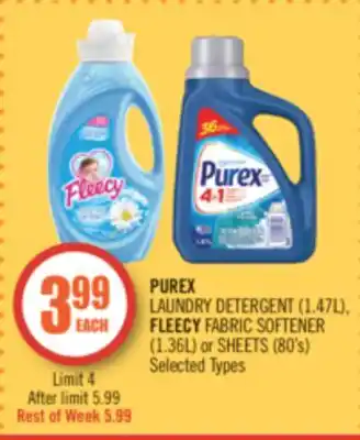 Shoppers Drug Mart Purex laundry detergent (1.47l), fleecy fabric softener (1.36l) or sheets (80's) offer