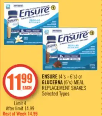 Shoppers Drug Mart Ensure (4's - 6's) or glucerna (6's) meal replacement shakes offer