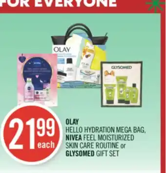 Shoppers Drug Mart Olay hello hydration mega bag, nivea feel moisturized skin care routine or glysomed gift set offer