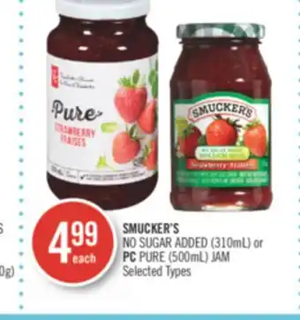 Shoppers Drug Mart Smucker's no sugar added (310ml) or pc pure (500ml) jam offer