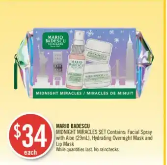Shoppers Drug Mart Mario badescu midnight miracles set contains: facial spray with aloe (29ml), hydrating overnight mask and lip mask offer