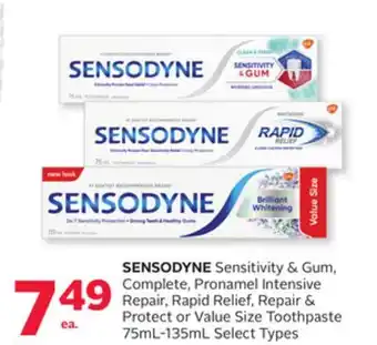 Rexall Sensodyne sensitivity & gum, complete, pronamel intensive repair, rapid relief, repair & protect or value size toothpaste offer