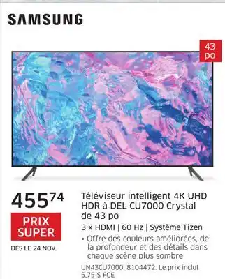 The Source Téléviseur intelligent 4k uhd hdr à del cu7000 crystal de 43 po 3 x hdmi | 60 hz | système tizen samsung offer