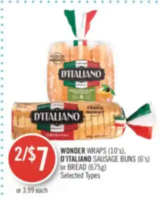 Shoppers Drug Mart Wonder wraps (10's), d'italiano sausage buns (6's) or bread (675g) offer