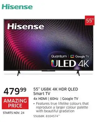 The Source Hisense 55 u68k 4k hdr qled smart tv 4x hdmi | 60hz | google tv offer