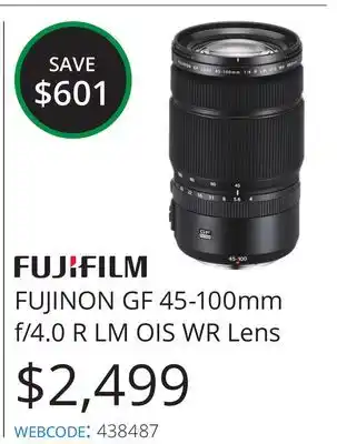 Vistek Fujifilm fujinon gf 45-100mm f/4.0 r lm ois wr lens offer