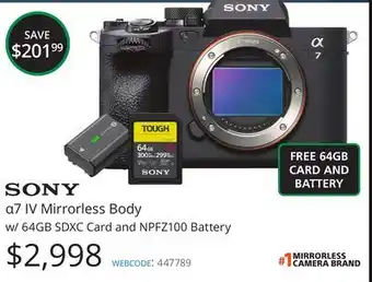 Vistek Sony a7 iv mirrorless body w/ 64gb sdxc card and npfz100 battery offer