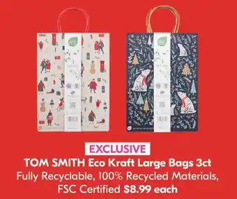 Shoppers Drug Mart Tom smith eco kraft large bags 3ct fully recyclable, 100% recycled materials, fsc certified offer