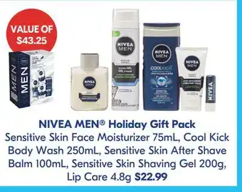 Pharmaprix Nivea men holiday gift pack sensitive skin face moisturizer 75ml, cool kick body wash 250ml, sensitive skin after shave balm offer