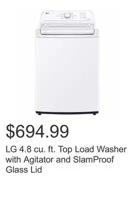Costco Lg 4.8 cu. ft. top load washer with agitator and slamproof glass lid offer