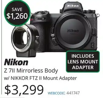 Vistek Nikon z 7ii mirrorless body w/nikkor ftz ii mount adapter offer