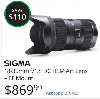 Vistek Sigma 18-35mm f/1.8 dc hsm art lens - ef mount offer