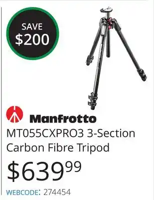 Vistek Manfrotto mt055cxpro3 3-section carbon fibre tripod offer