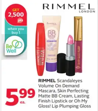 Rexall Rimmel scandaleyes volume on demand mascara, skin perfecting matte bb cream, lasting finish lipstick or oh my gloss! plumping offer