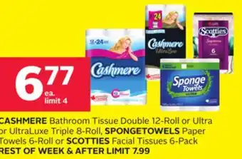 Rexall Cashmere bathroom tissue double 12-roll or ultra or ultraluxe triple 8-roll, spongetowels paper towels 6-roll or scotties fac offer