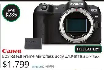 Vistek Canon eos r8 full frame mirrorless body w/lp-e17 battery pack offer