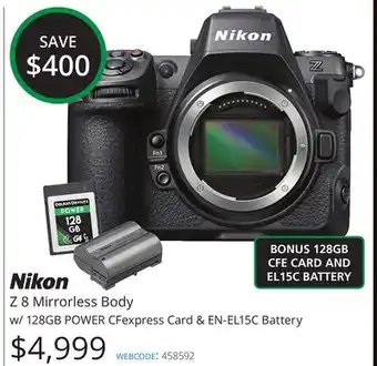 Vistek Nikon z 8 mirrorless body w/128gb power cfexpress card & en-el15c battery offer
