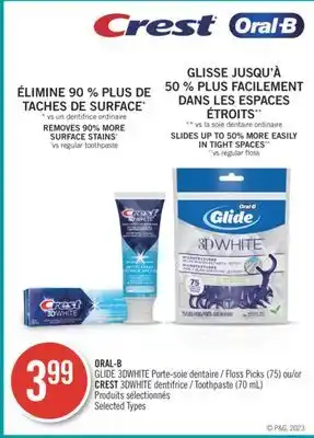 Pharmaprix Oral-b glide 3dwhite floss picks (75) or crest 3dwhite toothpaste (70 ml) offer