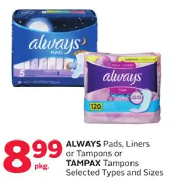 Rexall Always pads, liners or tampons or tampax tampons offer