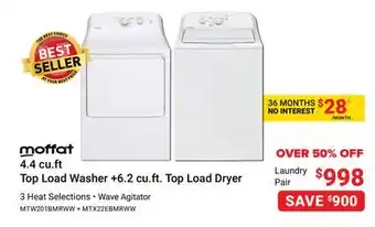 Visions Electronics Moffat 4 4 cu. ft top load washer + 6.2 cu. ft. top load dryer offer