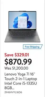 Walmart Lenovo yoga 7i 16 touch 2-in-1 laptop intel core i5-1335u 8gb 512gb backlit keyboard windows 11 home storm grey offer