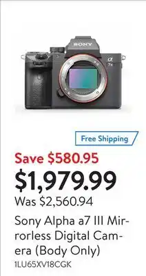 Walmart Sony alpha a7 iii mirrorless digital camera (body only) offer