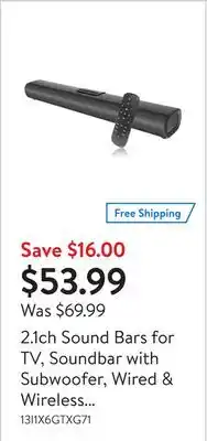 Walmart 2.1ch sound bars for tv, soundbar with subwoofer, wired & wireless bluetooth 5.0 3d surround speakers offer