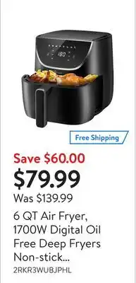 Walmart 6 qt air fryer, 1700w digital oil free deep fryers non-stick coating airfryer with timer and 8 cooking presets offer