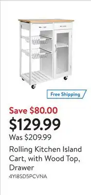 Walmart Rolling kitchen island cart, with wood top, drawer offer