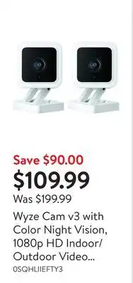 Walmart Wyze cam v3 with color night vision, 1080p hd indoor/outdoor video camera (2 pack) offer