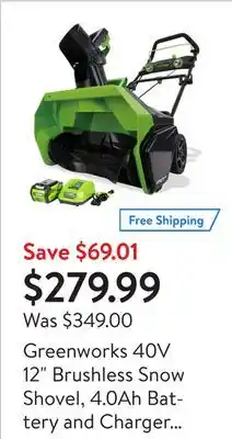 Walmart Greenworks 40v 12 brushless snow shovel, 4.0ah battery and charger included offer