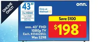 Walmart Onn. 43 fhd 1080p tv offer