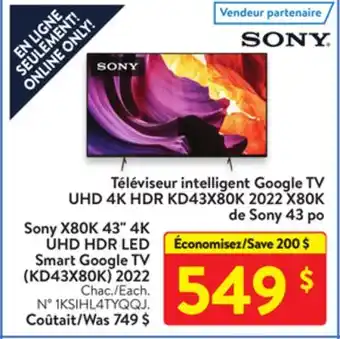 Walmart Sony x80k 43 4k uhd hdr led smart google tv (kd43x8ok) 2022 offer