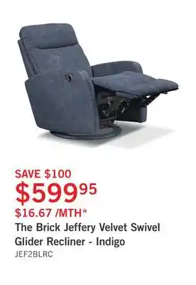 The Brick The brick jeffery velvet swivel glider recliner - indigo offer