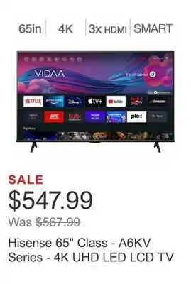 Costco Hisense 65 class - a6kv series - 4k uhd led lcd tv offer