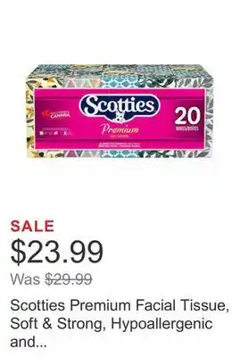 Costco Scotties premium facial tissue, soft & strong, hypoallergenic and dermatologist tested, 20-pack offer